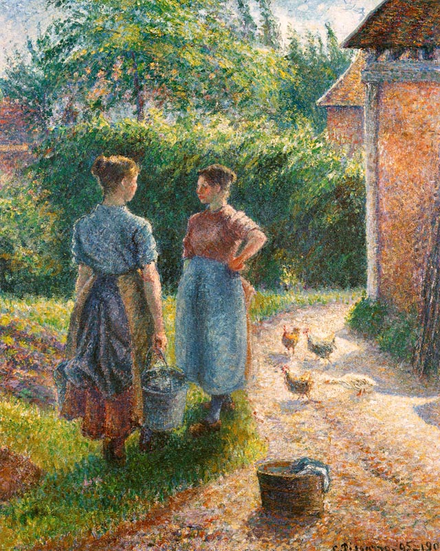 Talking smallholder girls on the farm, Eragny a Camille Pissarro