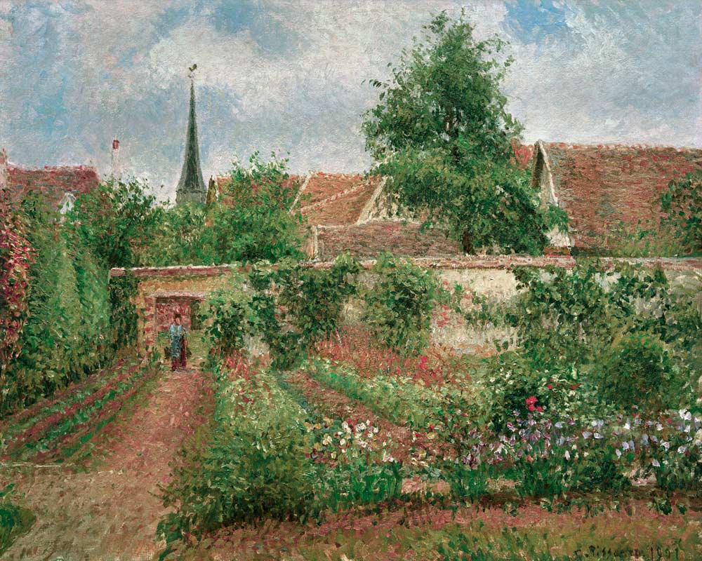 Kitchen garden in Eragny, covered sky, morning a Camille Pissarro