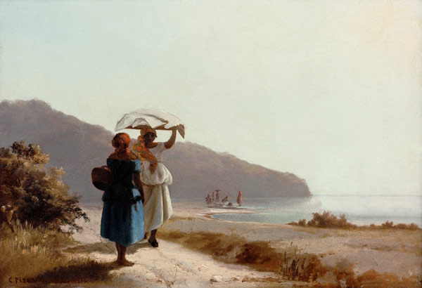 Two talking women on the sea beach a Camille Pissarro