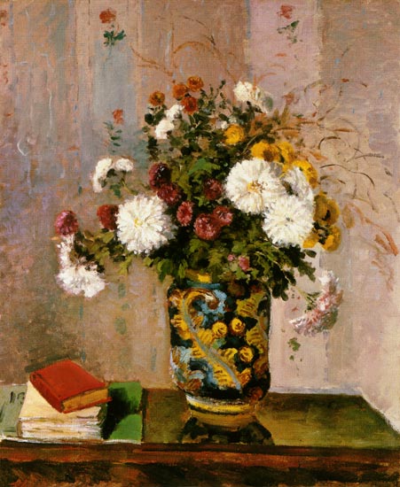 Bouquet of flowers: Chrysanthemums in a porcelain vase a Camille Pissarro