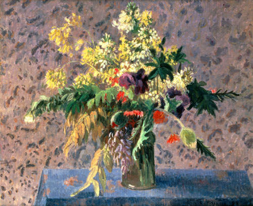 Blumenstrauss with poppy-seed buds and iris. a Camille Pissarro