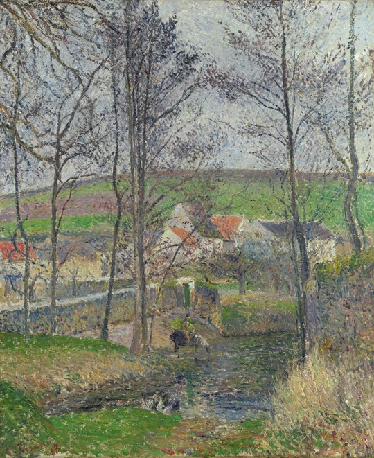 The banks of the Viosne at Osny in grey weather a Camille Pissarro