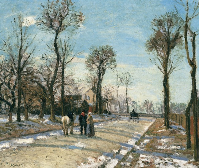 Route de Versailles, Louveciennes, Winter Sun and Snow a Camille Pissarro
