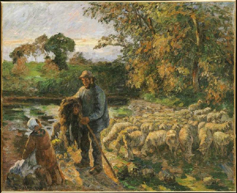 At sunset of shepherds in Montfoucault returning home. a Camille Pissarro