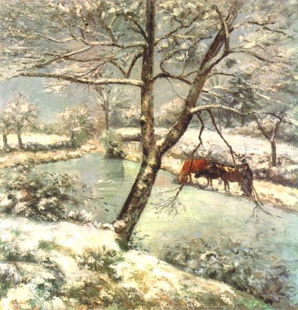 Winter in Montfoucault, snow atmosphere a Camille Pissarro