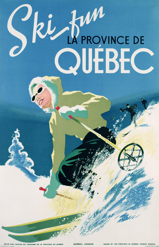 Poster advertising skiing holidays in the province of Quebec a Canadian School