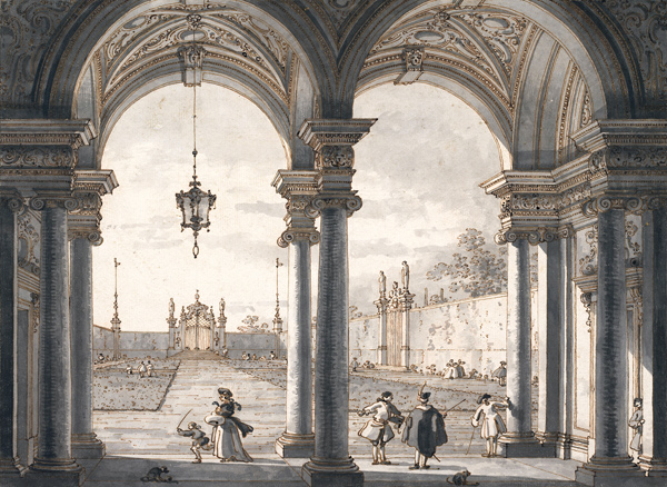 View through a Baroque Colonnade into a Garden a Canal Giovanni Antonio Canaletto