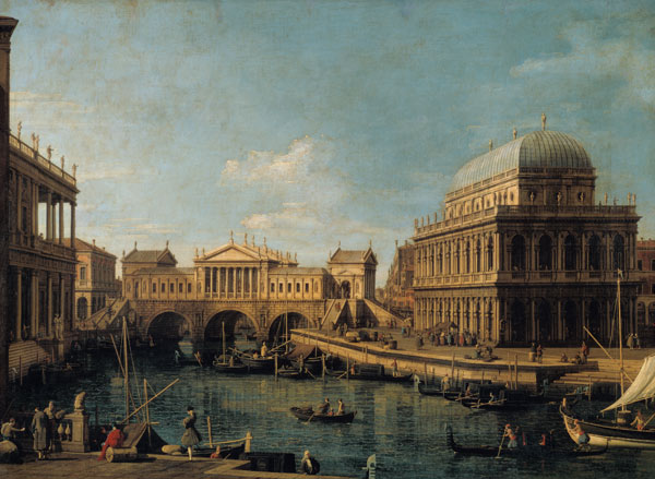 Capriccio con il Ponte di Rialto a Venezia su progetto di Andrea Palladio e la Basilica a V a Canal Giovanni Antonio Canaletto