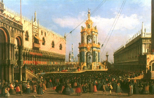 Venice The Giovedi Grasso festival in The Piazzetta a Canal Giovanni Antonio Canaletto