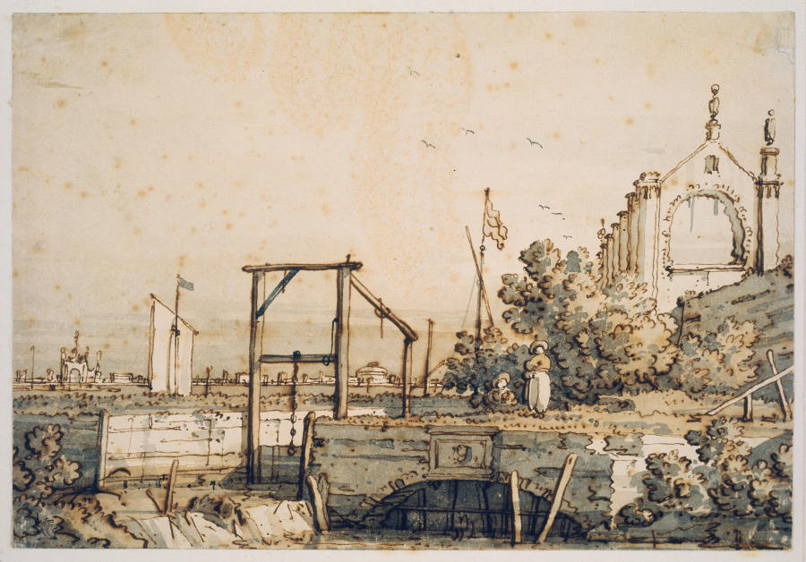 Capriccio with a Lock Gate by a River a Canaletto (Giovanni Antonio Canal)