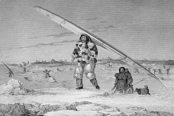 An Eskimaux of Igloolik, wearing a bird-skin jacket, carrying his canoe down to the water, a Captain George Francis Lyon