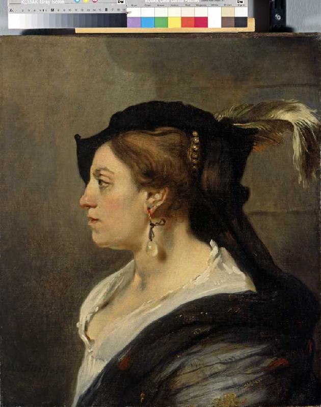 Frau mit Federbarett und Perlenschmuck. a Carel Fabritius