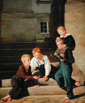 Young Boys Playing Dice in Front of Christiansborg Castle, Copenhagen