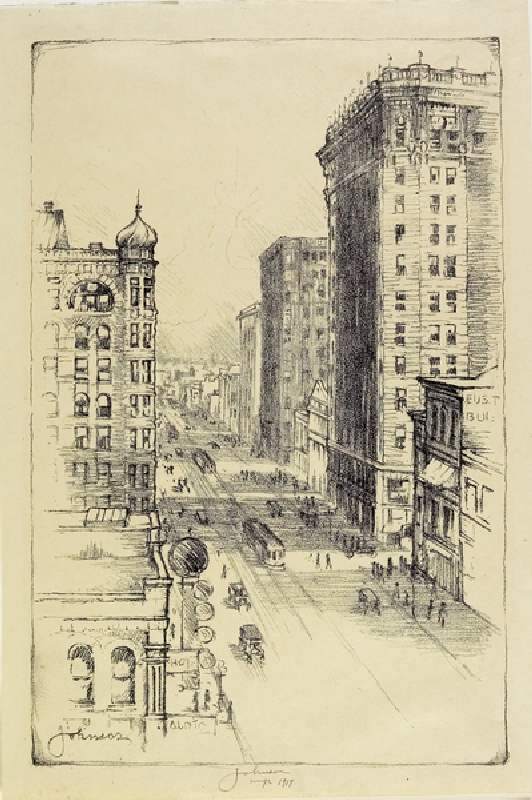 Hennepin Avenue below Sixth Street, 1917 (litho) a Carl Edward Johnson