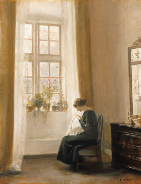 A Girl Sewing in an Interior a Carl Holsoe
