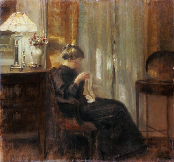 Woman in an interior doing needlework. a Carl Holsoe