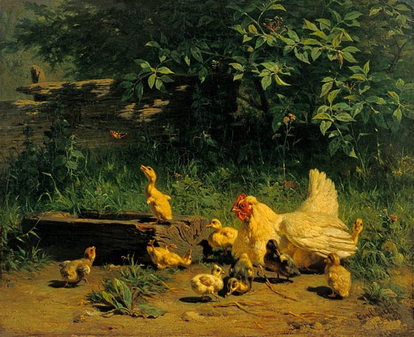 Hen with chicks and young ducks a Carl Jutz