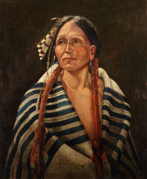 Indian with striped blanket (oil on canvas mounted on panel) a Carl Moon