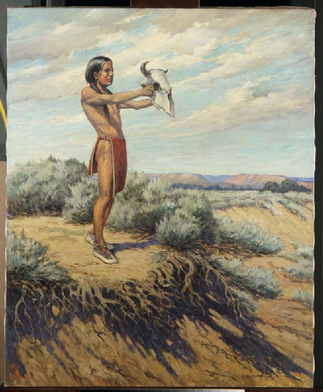 Indian boy with buffalo skull (oil on canvas) a Carl Moon