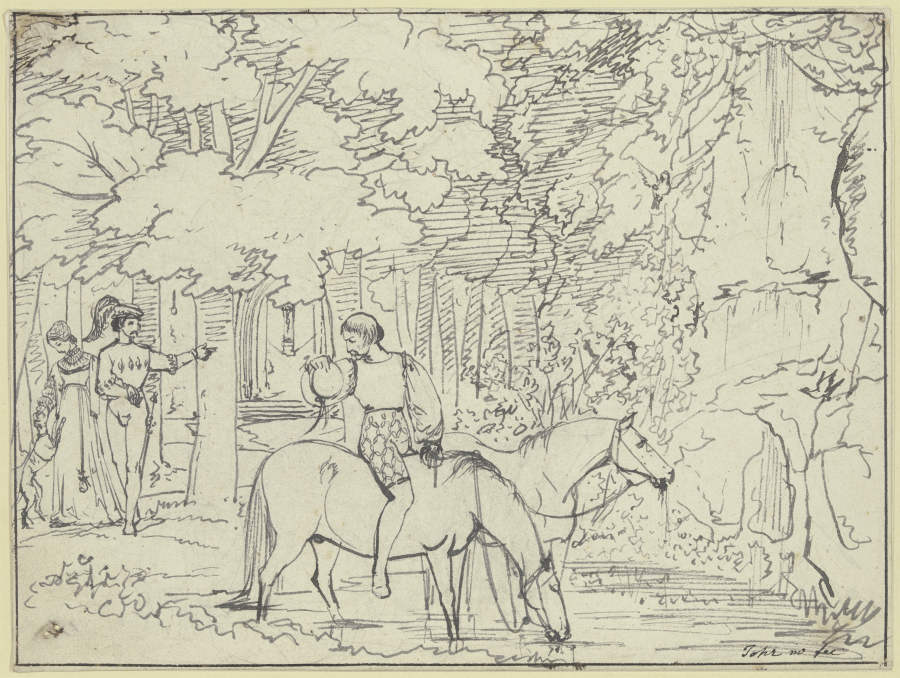 An einem Waldrand tränkt ein Reitknecht zwei Pferde a Carl Philipp Fohr