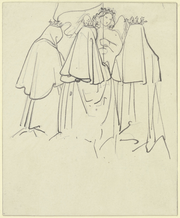 Drei gekrönte Frauen knien vor einem Engel, der eine Fahne schwingt a Carl Philipp Fohr