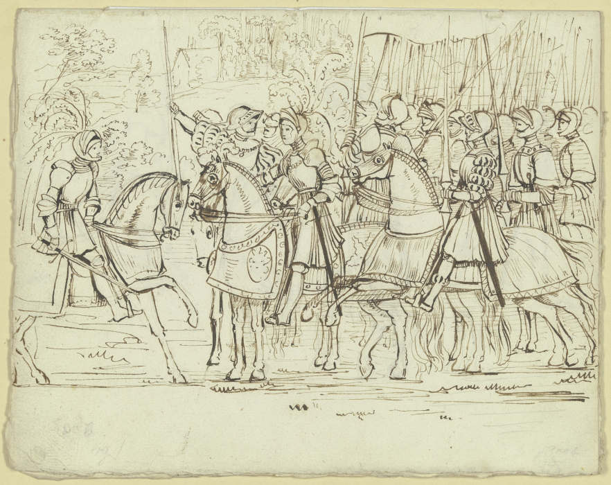 Ein von links kommender Ritter erstattet dem Anführer einer in einer Landschaft stehenden Ritterscha a Carl Philipp Fohr
