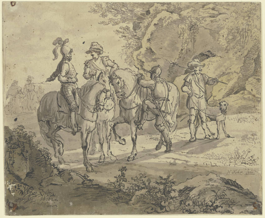 Eine Gruppe von zum Teil gerüsteten Reitern a Carl Philipp Fohr