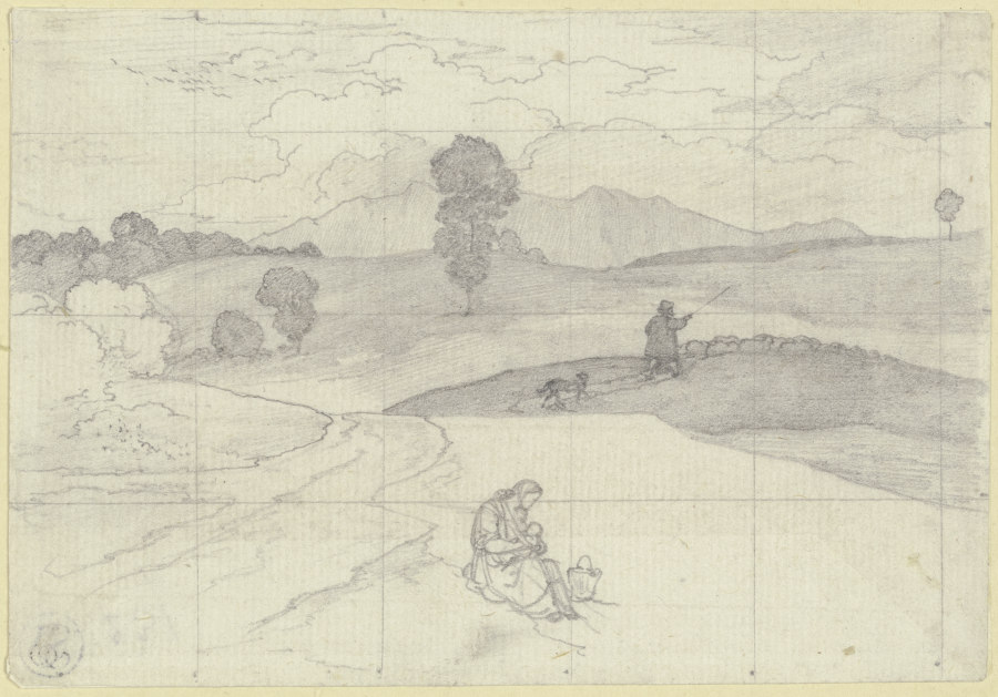 Italienische Landschaft mit Frau und Kind bei einem Korb und abziehender Herde a Carl Philipp Fohr