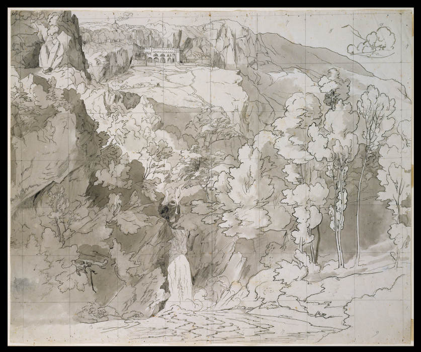 Landscape near Subiaco with a Waterfall and San Benedetto Monastery a Carl Philipp Fohr