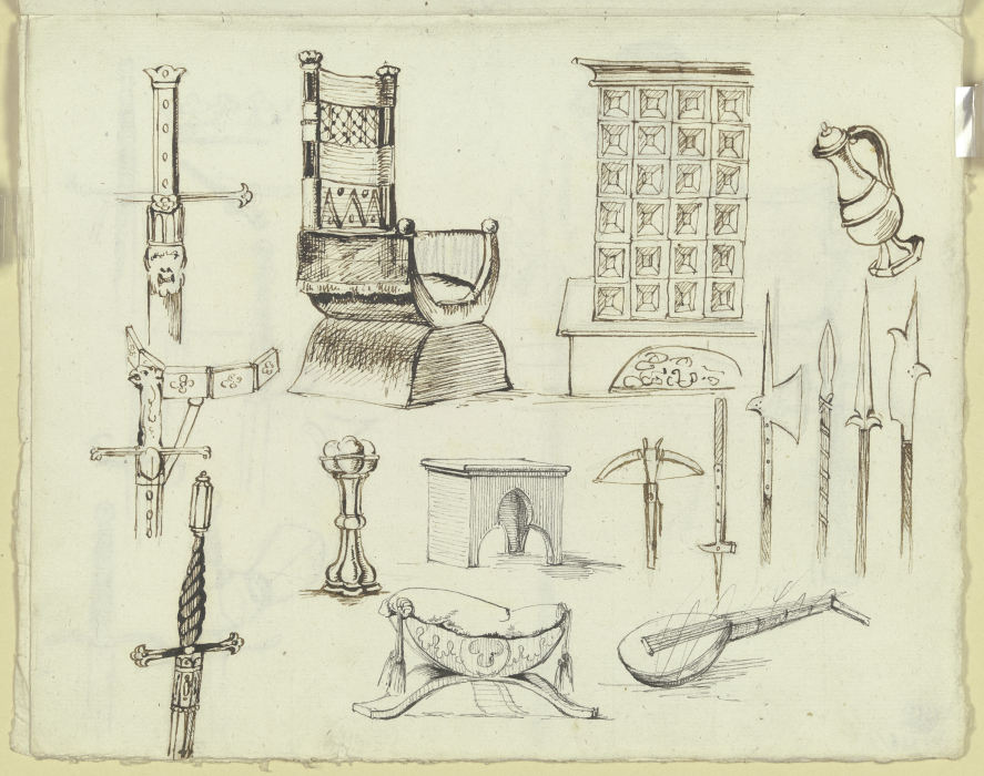 Mittelalterliche Möbelstücke, ein Kachelofen, Waffen und Gerätschaften a Carl Philipp Fohr