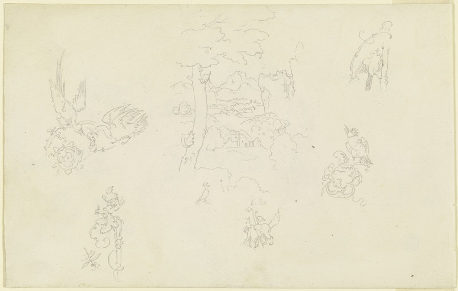 Ranken mit verschiedenen Tieren; Landschaft mit einem Baum, in dem zwei Eichhörnchen spielen a Carl Philipp Fohr