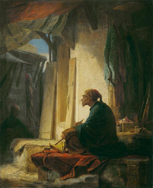 Diddle, sitting on a bench carpeted carpet in the bazaar. a Carl Spitzweg