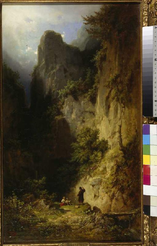 Fishing monk with children in a rock ravine. a Carl Spitzweg