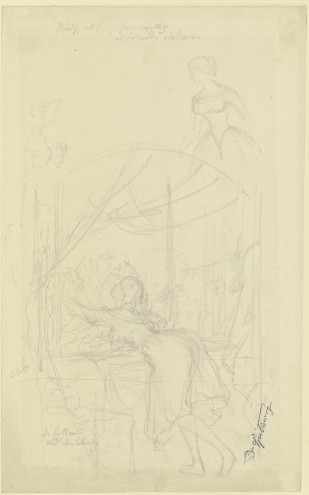 Mädchen am Fenster, einen Blumenstock umarmend, darüber Skizzen zweier Mädchen a Carl Spitzweg