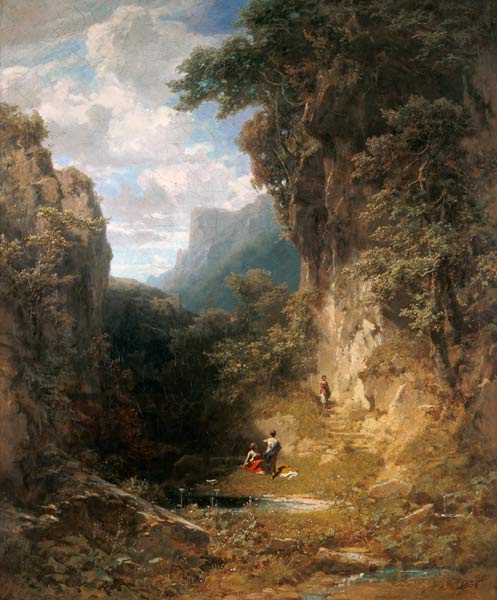 Mountain ravine of women taking a bath a Carl Spitzweg