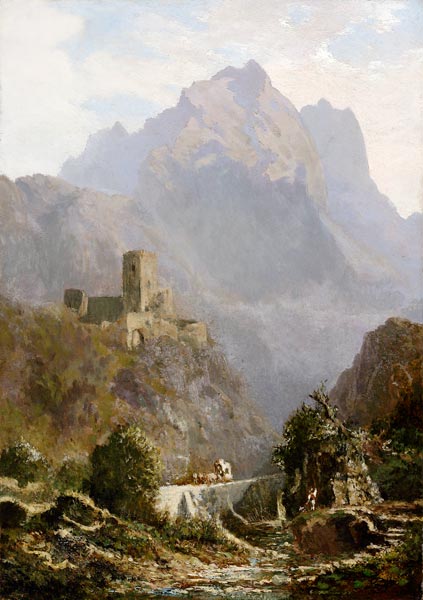 Romantische Abendlandschaft in Südtirol (Post im Gebirge). a Carl Spitzweg