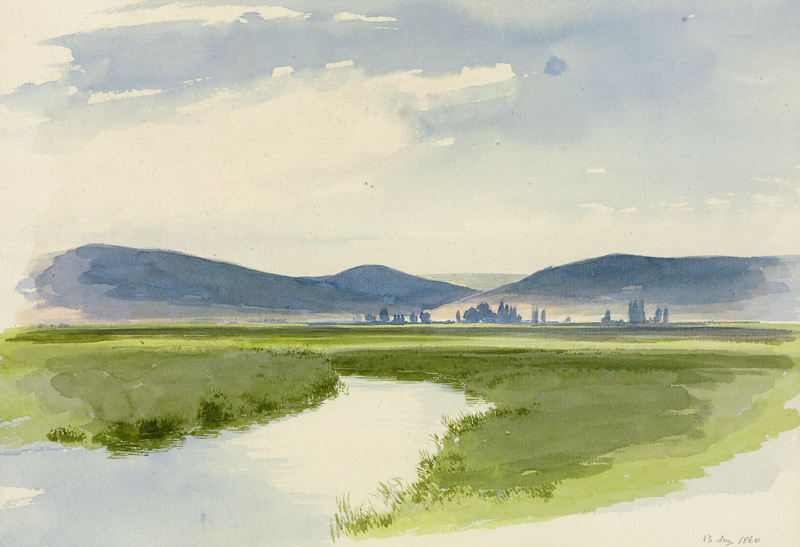 Flusslandschaft, im Hintergrund Berge a Carl Theodor Reiffenstein
