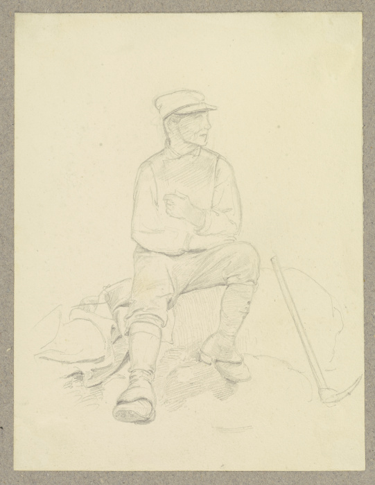 Arbeiter, auf einem Stein sitzend, neben ihm eine Spitzhacke a Carl Theodor Reiffenstein