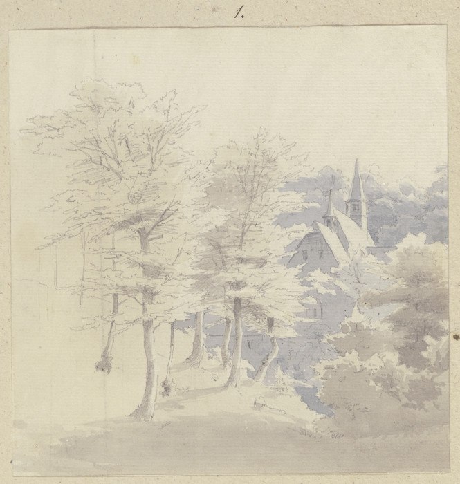 Blick durch Bäume auf das Kloster Nothgottes a Carl Theodor Reiffenstein