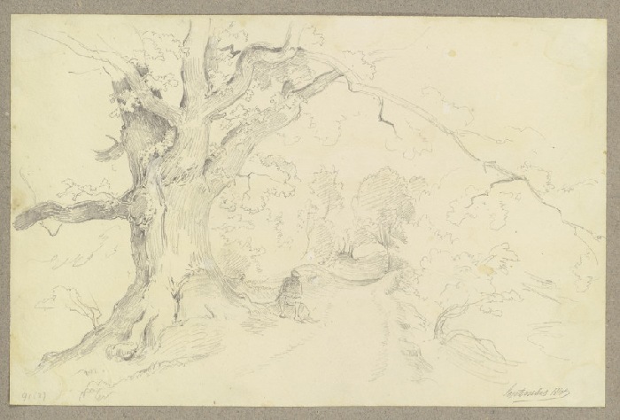 Ein großer Baum an einem Hohlweg mit rastendem Wanderer a Carl Theodor Reiffenstein