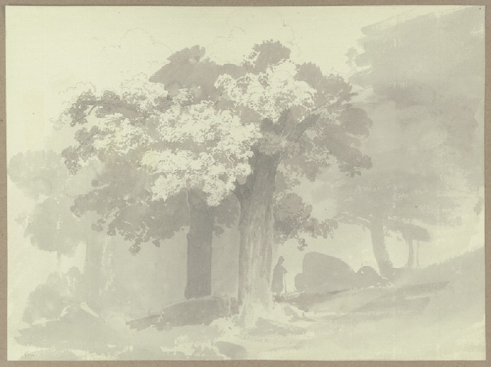Ein Mann, auf einen Stock gestützt, im Schatten der Bäume a Carl Theodor Reiffenstein