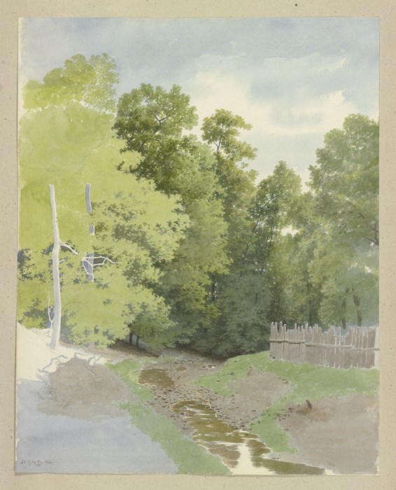 Ein Zaun entlang eines trockengefallenen Bachlaufes am Waldrand a Carl Theodor Reiffenstein