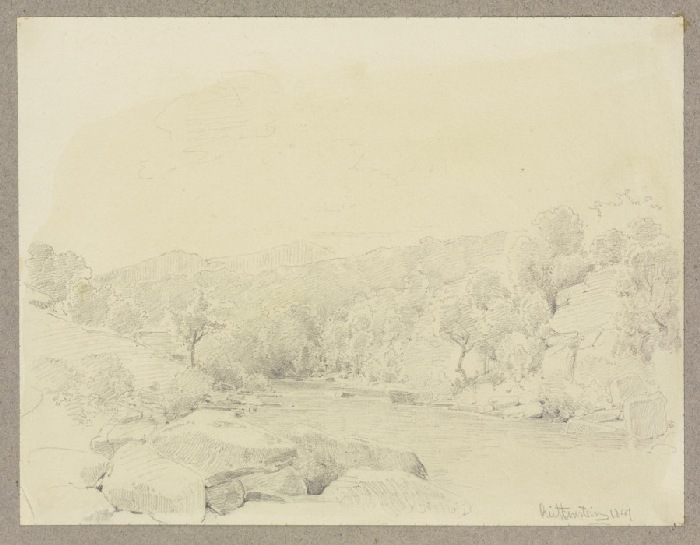 Felsen an einem Fluss in einer bewaldeten Berglandschaft a Carl Theodor Reiffenstein