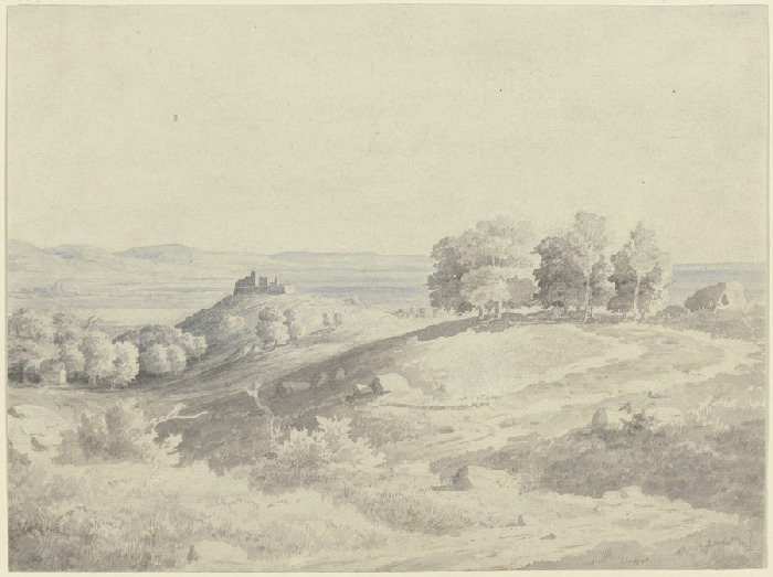 Gebirgslandschaft, im Mittelgrund eine Anhöhe mit einer Burg, rechts Baumgruppen a Carl Theodor Reiffenstein