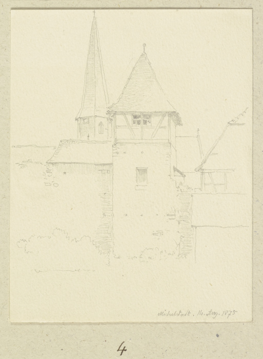 Stadtmauerturm in Michelstadt, im Hintergrund der Turm der Stadtkirche a Carl Theodor Reiffenstein