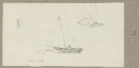 Studienblatt: Zwei Boote mit Fischern und Reusen, links eine kauernde Figur