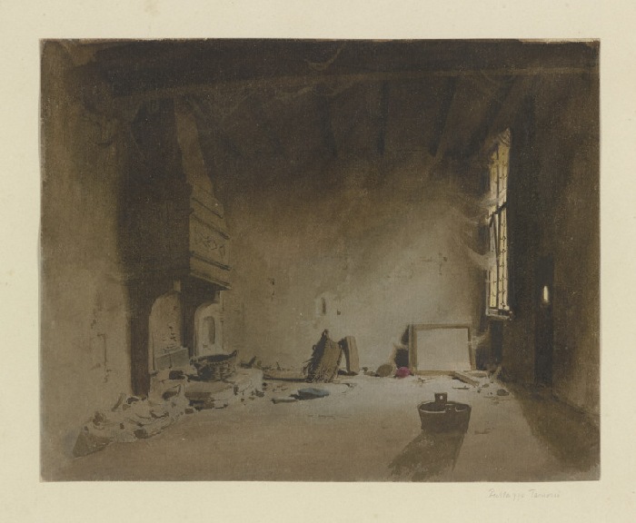 Verwahrloster Raum mit Kamin in einem Palazzo in Venedig a Carl Theodor Reiffenstein