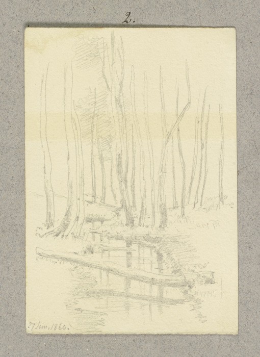 Zwischen Bäumen fließender Bach, über ihn führt ein liegender Baumstamm a Carl Theodor Reiffenstein