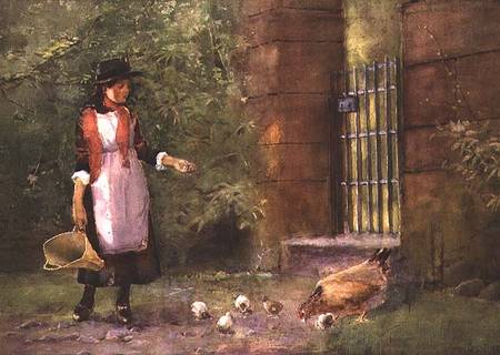 Girl feeding hens a Carleton Grant