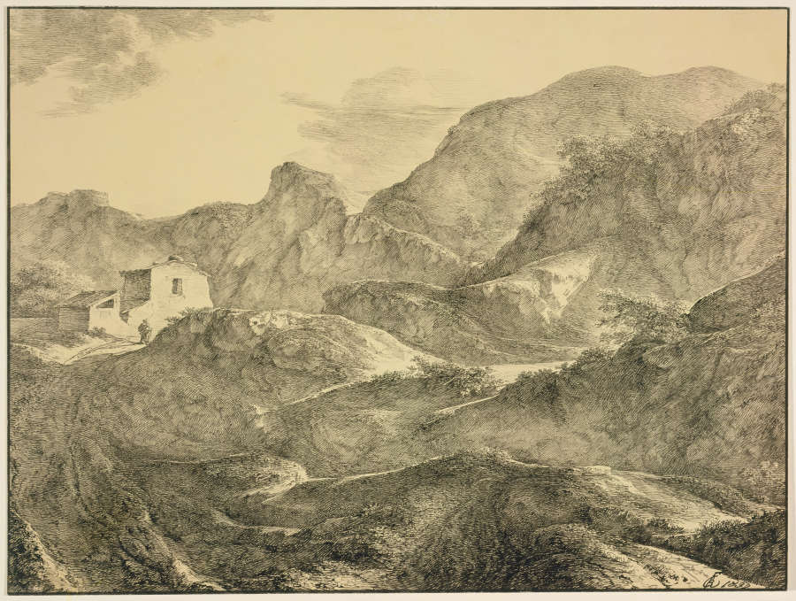 Gebirgslandschaft, links ein Haus mit einem Wanderer davor a Carl Friedrich von Rumohr